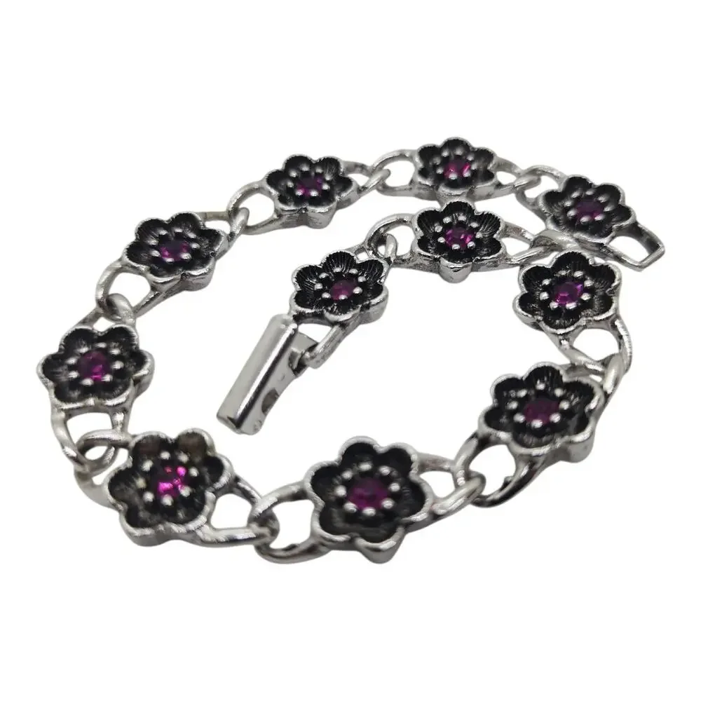 Vintage Avon Floral Link Bracelet Silver Tone Purple Rhinestone Flower 7.5